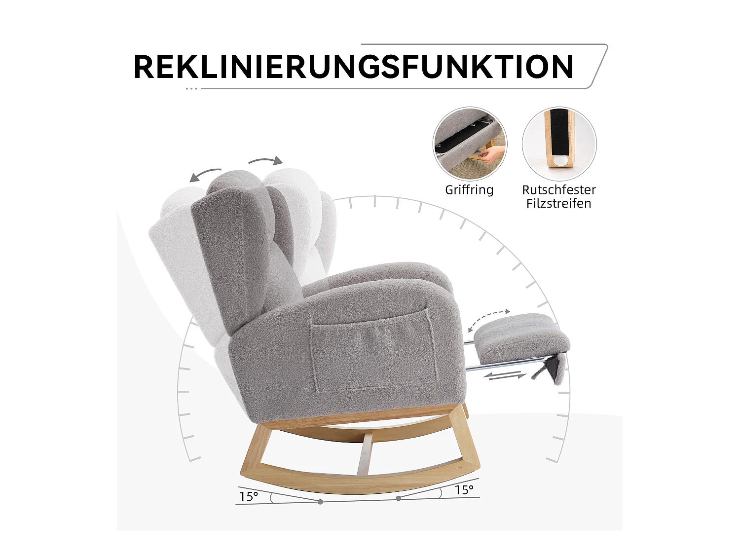 Fauteuil à bascule en tissu teddy, design ergonomique avec repose-pieds réglable, cadre en bois, gris (122.5x70x104cm)