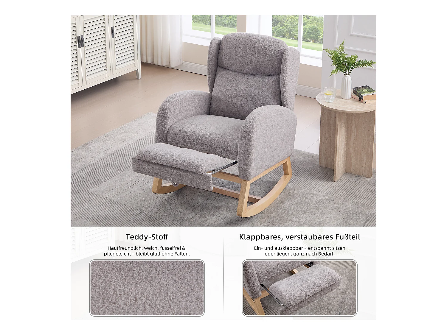 Fauteuil à bascule en tissu teddy, design ergonomique avec repose-pieds réglable, cadre en bois, gris (122.5x70x104cm)
