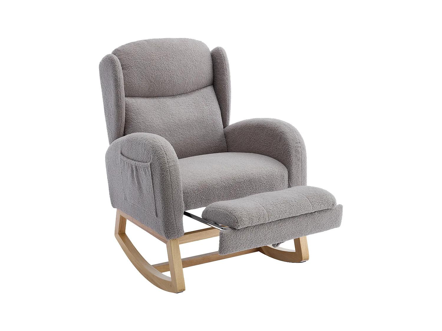 Fauteuil à bascule en tissu teddy, design ergonomique avec repose-pieds réglable, cadre en bois, gris (122.5x70x104cm)