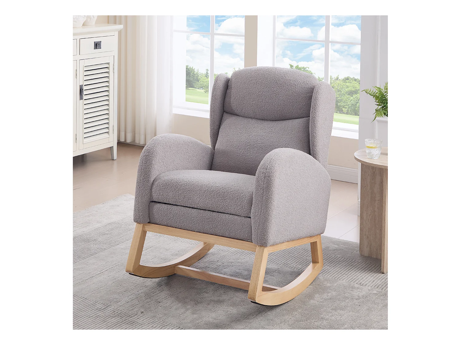 Fauteuil à bascule en tissu teddy, design ergonomique avec repose-pieds réglable, cadre en bois, gris (122.5x70x104cm)