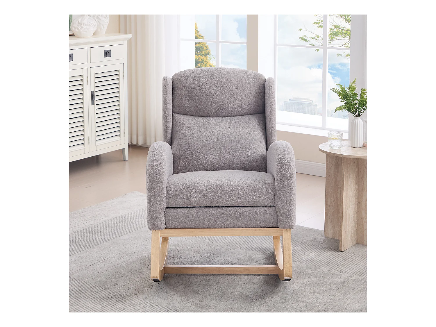 Fauteuil à bascule en tissu teddy, design ergonomique avec repose-pieds réglable, cadre en bois, gris (122.5x70x104cm)