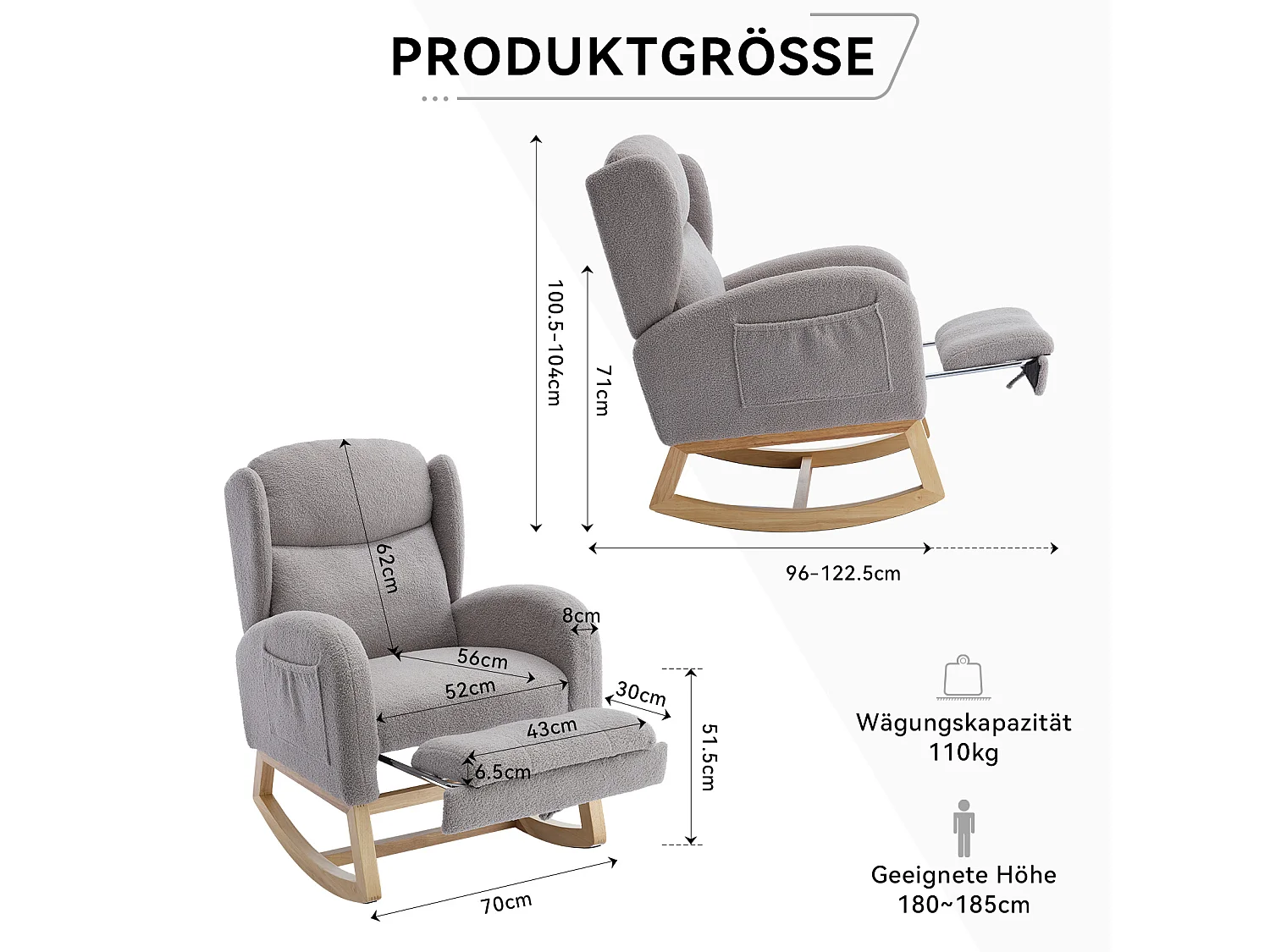 Teddy stoffen schommelstoel, ergonomisch ontwerp met verstelbare voetensteun, houten frame, grijs (122,5 x 70 x 104 cm)