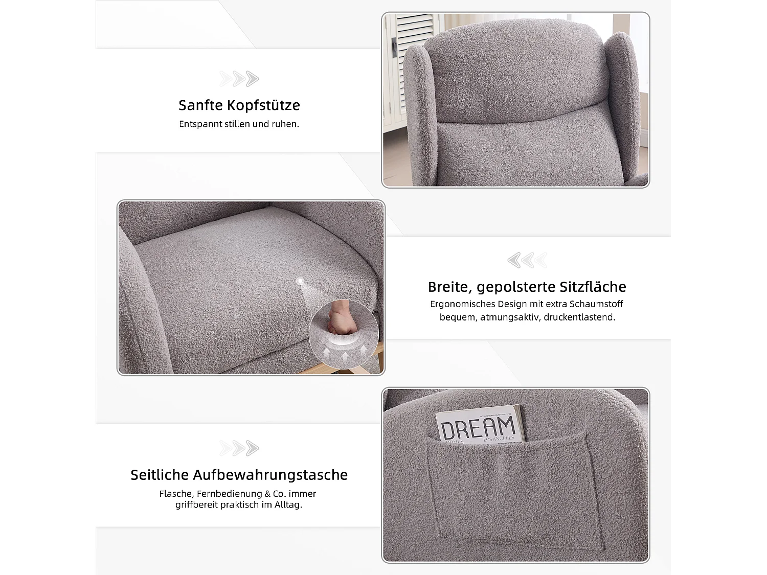 Teddy stoffen schommelstoel, ergonomisch ontwerp met verstelbare voetensteun, houten frame, grijs (122,5 x 70 x 104 cm)