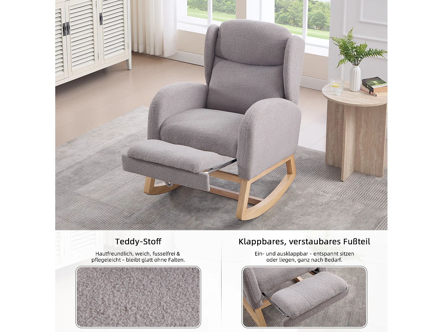 Teddy stoffen schommelstoel, ergonomisch ontwerp met verstelbare voetensteun, houten frame, grijs (122,5 x 70 x 104 cm)