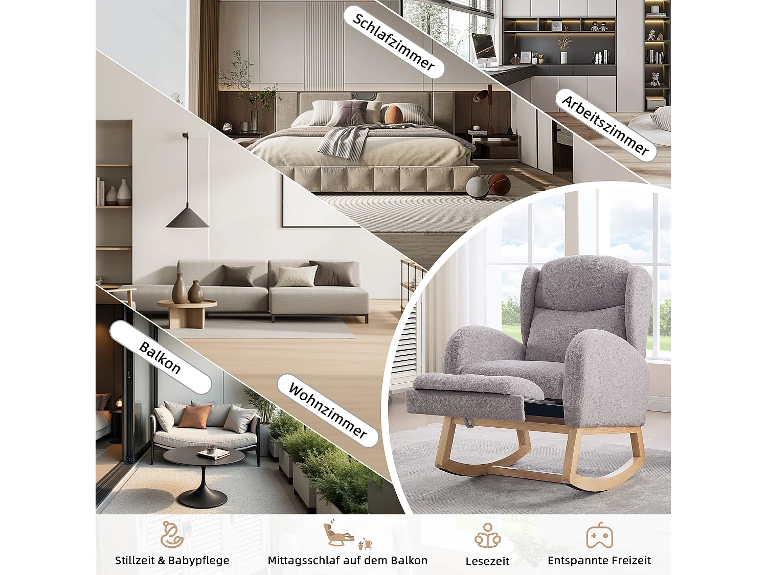 Teddy stoffen schommelstoel, ergonomisch ontwerp met verstelbare voetensteun, houten frame, grijs (122,5 x 70 x 104 cm)