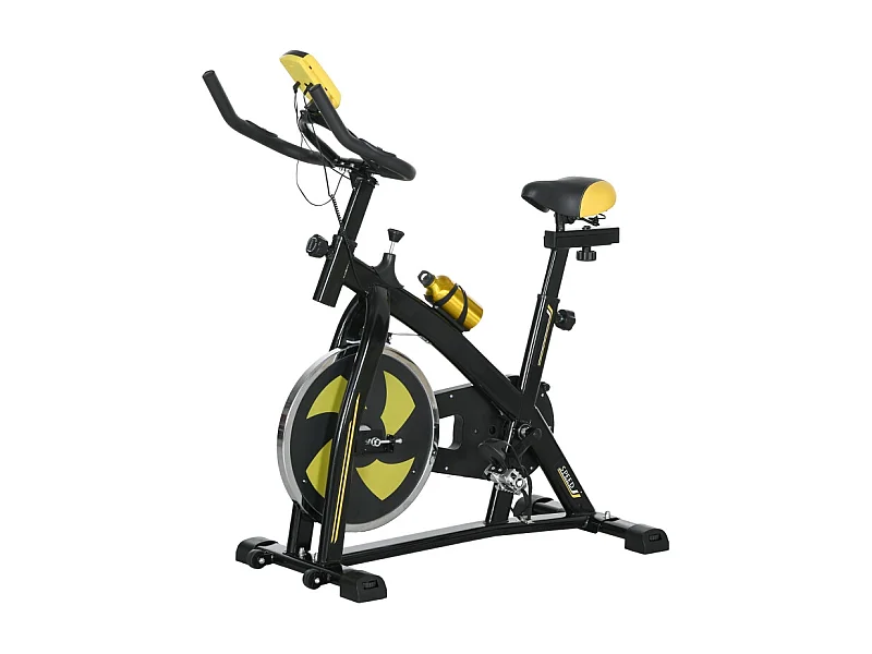 Vélo d'appartement avec siège et résistance réglables, capteur de fréquence cardiaque, ABS, jaune (118x50x115 cm)