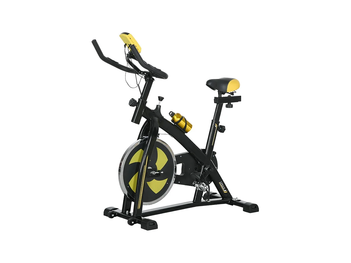 Vélo d'appartement avec siège et résistance réglables, capteur de fréquence cardiaque, ABS, jaune (118x50x115 cm)