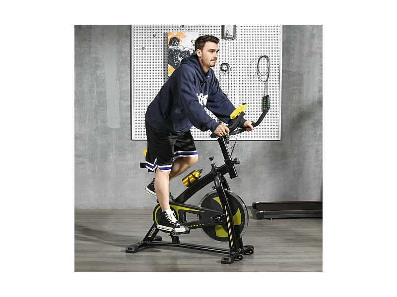 Vélo d'appartement avec siège et résistance réglables, capteur de fréquence cardiaque, ABS, jaune (118x50x115 cm)