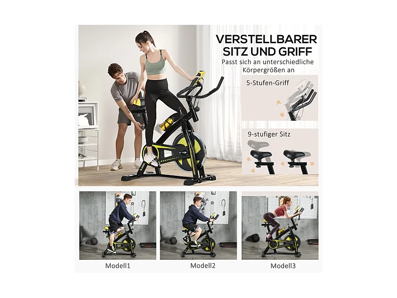 Vélo d'appartement avec siège et résistance réglables, capteur de fréquence cardiaque, ABS, jaune (118x50x115 cm)