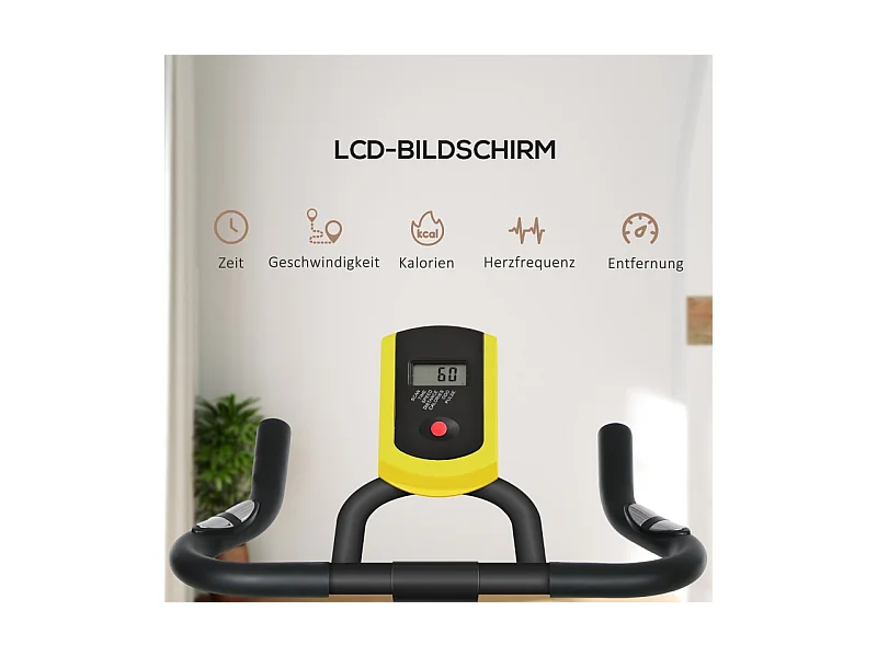 Vélo d'appartement avec siège et résistance réglables, capteur de fréquence cardiaque, ABS, jaune (118x50x115 cm)