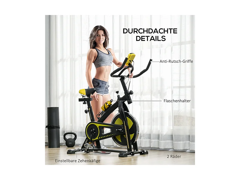 Vélo d'appartement avec siège et résistance réglables, capteur de fréquence cardiaque, ABS, jaune (118x50x115 cm)