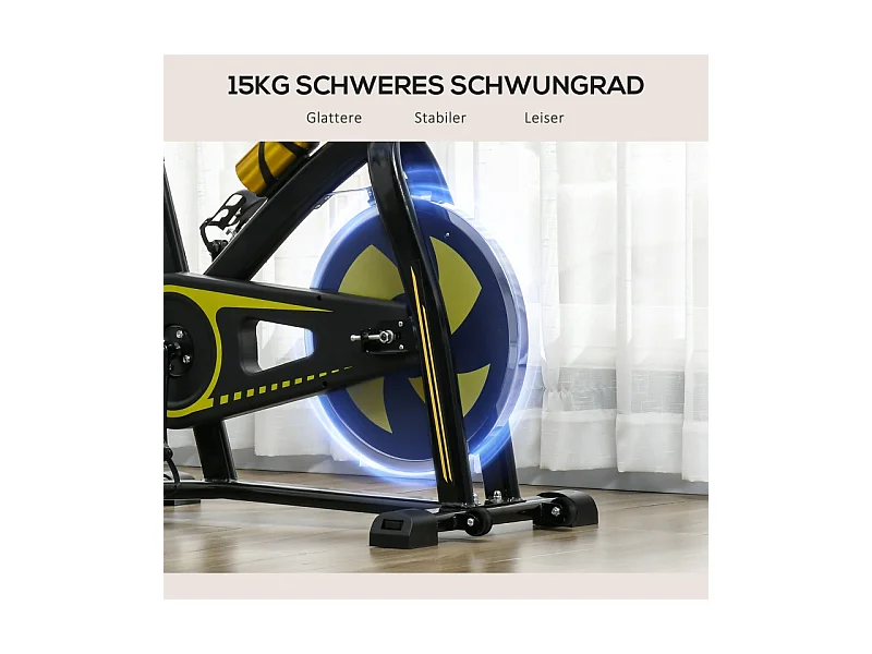 Vélo d'appartement avec siège et résistance réglables, capteur de fréquence cardiaque, ABS, jaune (118x50x115 cm)