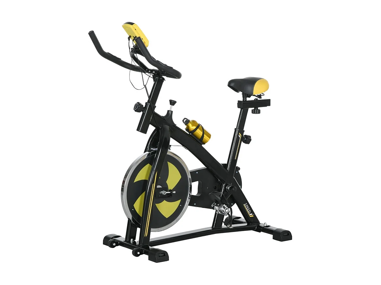 Vélo d'appartement avec siège et résistance réglables, capteur de fréquence cardiaque, ABS, jaune (118x50x115 cm)