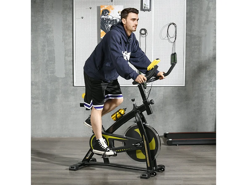 Vélo d'appartement avec siège et résistance réglables, capteur de fréquence cardiaque, ABS, jaune (118x50x115 cm)