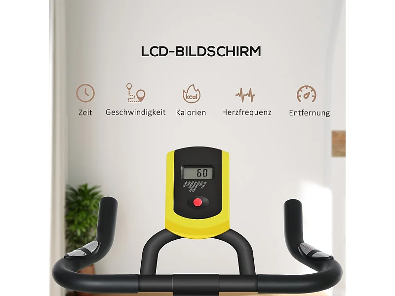 Vélo d'appartement avec siège et résistance réglables, capteur de fréquence cardiaque, ABS, jaune (118x50x115 cm)