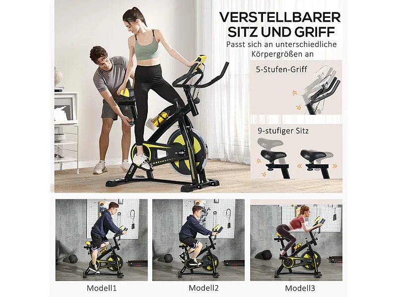 Vélo d'appartement avec siège et résistance réglables, capteur de fréquence cardiaque, ABS, jaune (118x50x115 cm)