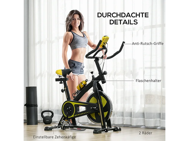 Vélo d'appartement avec siège et résistance réglables, capteur de fréquence cardiaque, ABS, jaune (118x50x115 cm)