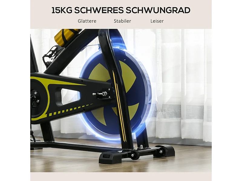 Vélo d'appartement avec siège et résistance réglables, capteur de fréquence cardiaque, ABS, jaune (118x50x115 cm)