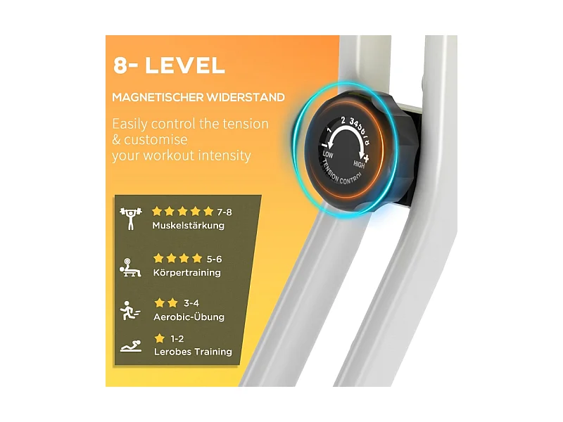 Vélo d'appartement pliable avec résistance magnétique 8 niveaux, réglable en hauteur, acier, jaune et blanc (43x97x109 cm)