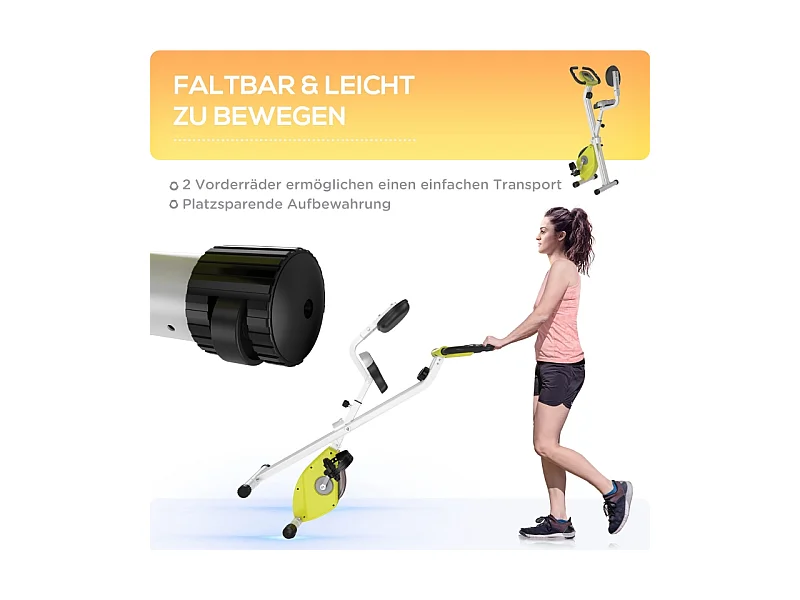 Vélo d'appartement pliable avec résistance magnétique 8 niveaux, réglable en hauteur, acier, jaune et blanc (43x97x109 cm)