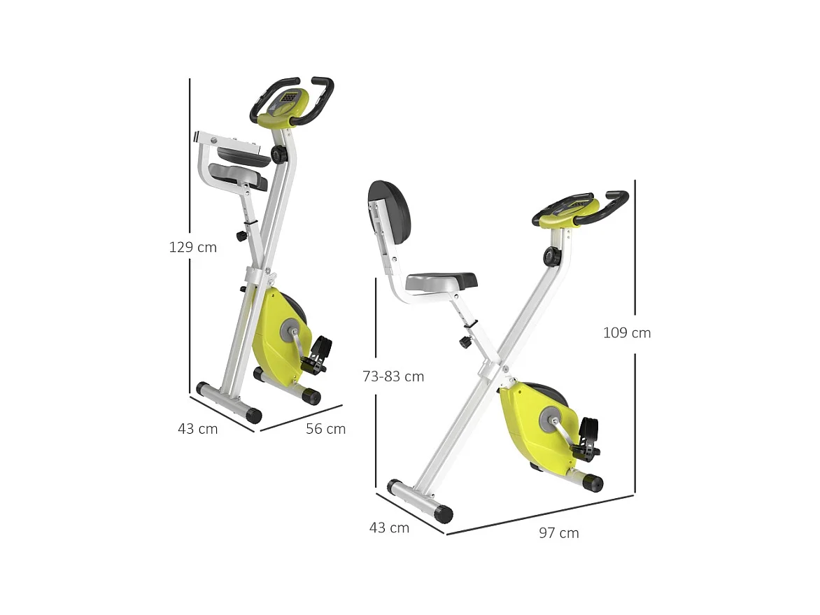 Vélo d'appartement pliable avec résistance magnétique 8 niveaux, réglable en hauteur, acier, jaune et blanc (43x97x109 cm)