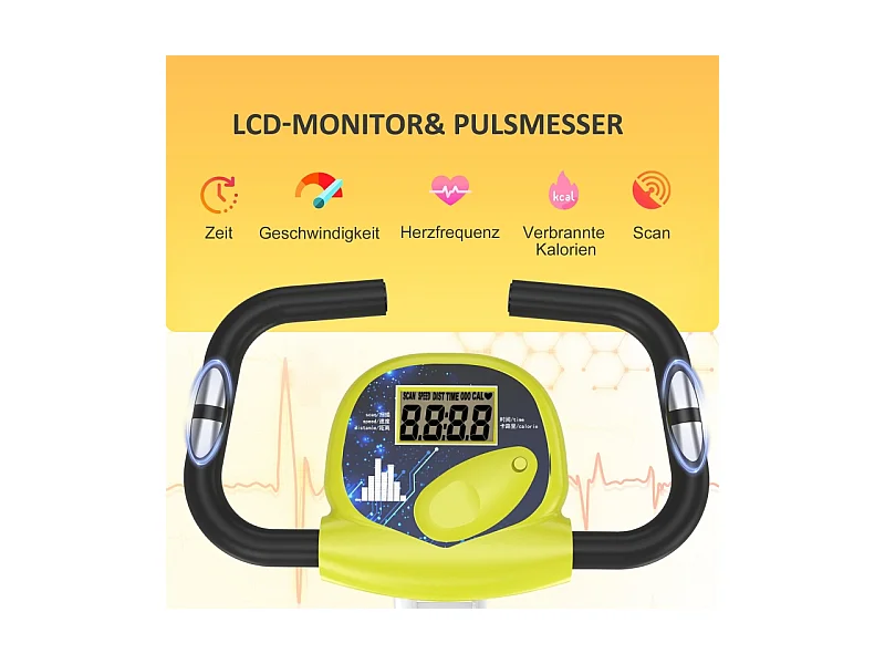 Vélo d'appartement pliable avec résistance magnétique 8 niveaux, réglable en hauteur, acier, jaune et blanc (43x97x109 cm)