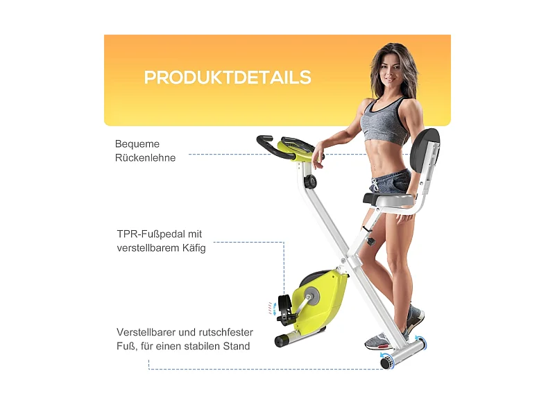 Vélo d'appartement pliable avec résistance magnétique 8 niveaux, réglable en hauteur, acier, jaune et blanc (43x97x109 cm)