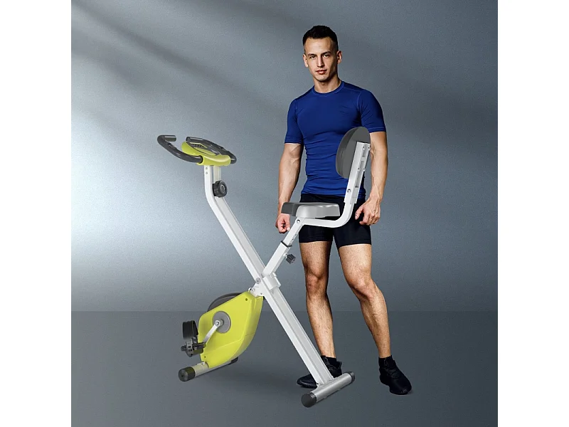 Vélo d'appartement pliable avec résistance magnétique 8 niveaux, réglable en hauteur, acier, jaune et blanc (43x97x109 cm)