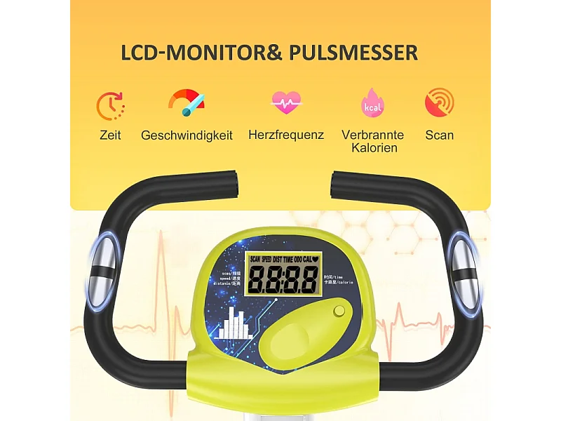 Vélo d'appartement pliable avec résistance magnétique 8 niveaux, réglable en hauteur, acier, jaune et blanc (43x97x109 cm)