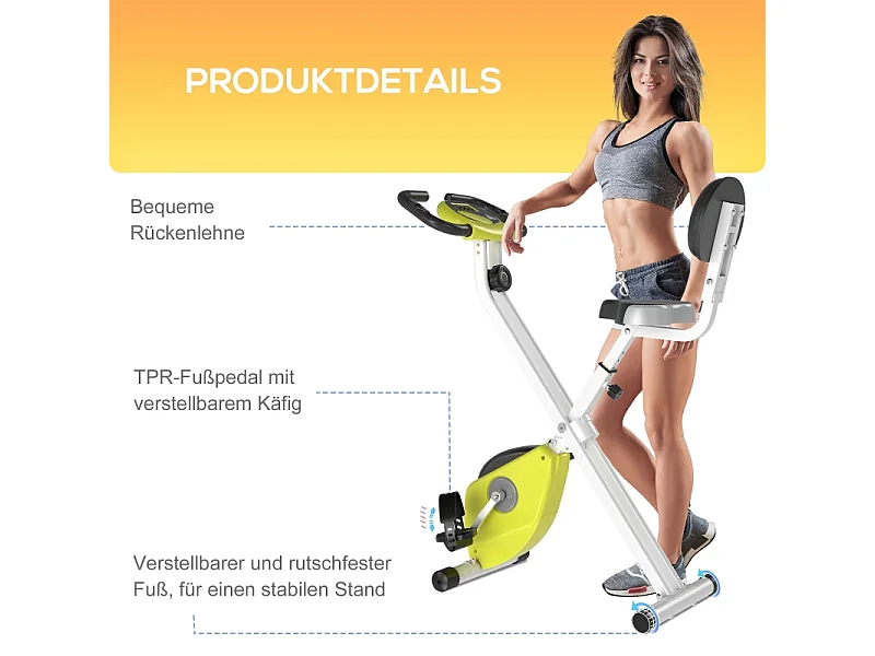 Vélo d'appartement pliable avec résistance magnétique 8 niveaux, réglable en hauteur, acier, jaune et blanc (43x97x109 cm)