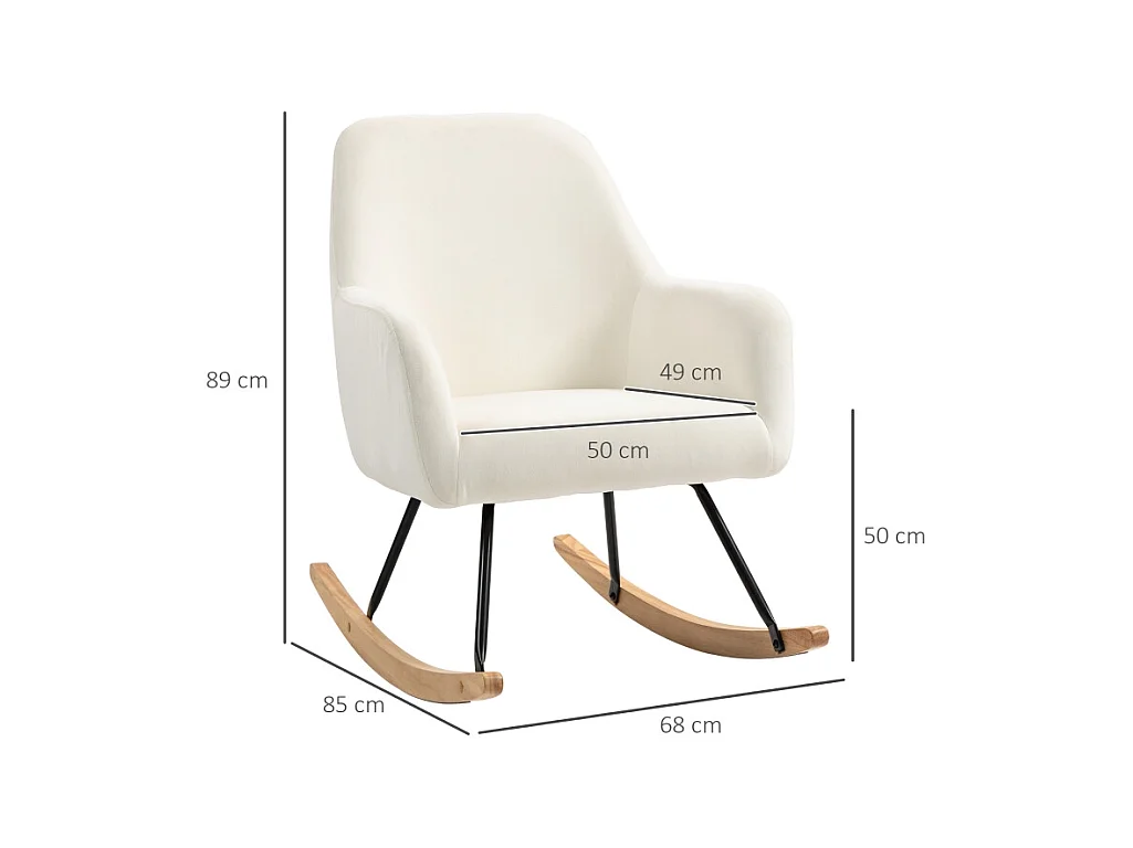 Fauteuil à bascule avec accoudoirs, design élégant, polyester velouté, blanc crème (85x68x89cm)