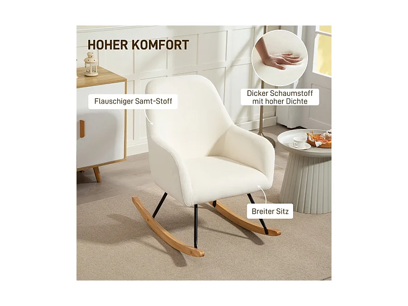 Fauteuil à bascule avec accoudoirs, design élégant, polyester velouté, blanc crème (85x68x89cm)