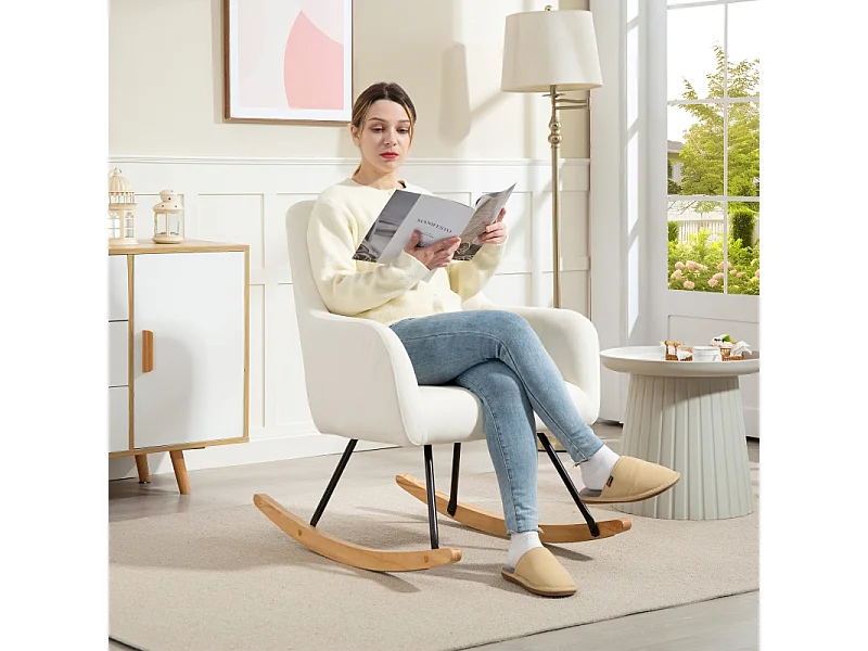 Fauteuil à bascule avec accoudoirs, design élégant, polyester velouté, blanc crème (85x68x89cm)