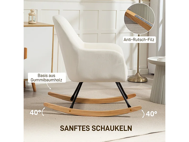 Fauteuil à bascule avec accoudoirs, design élégant, polyester velouté, blanc crème (85x68x89cm)