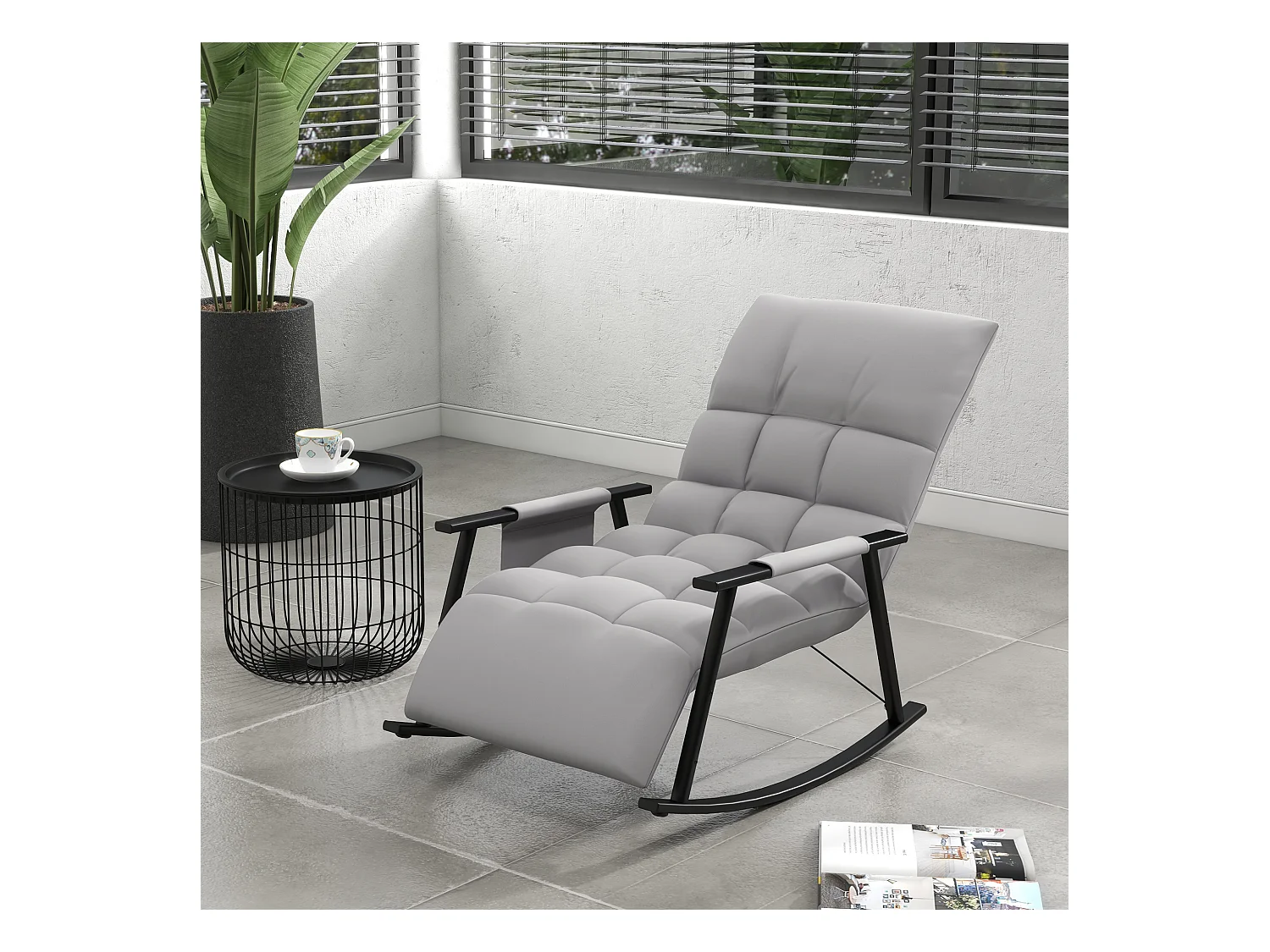 Fauteuil à bascule relaxant avec repose-pieds réglable, dossier inclinable jusqu'à 120kg, microfibre grise, avec poche latérale (134x60x70cm)