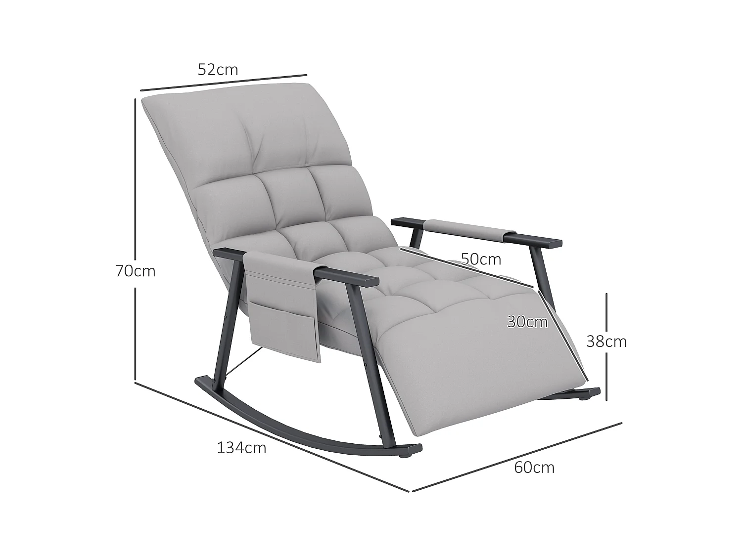 Fauteuil à bascule relaxant avec repose-pieds réglable, dossier inclinable jusqu'à 120kg, microfibre grise, avec poche latérale (134x60x70cm)