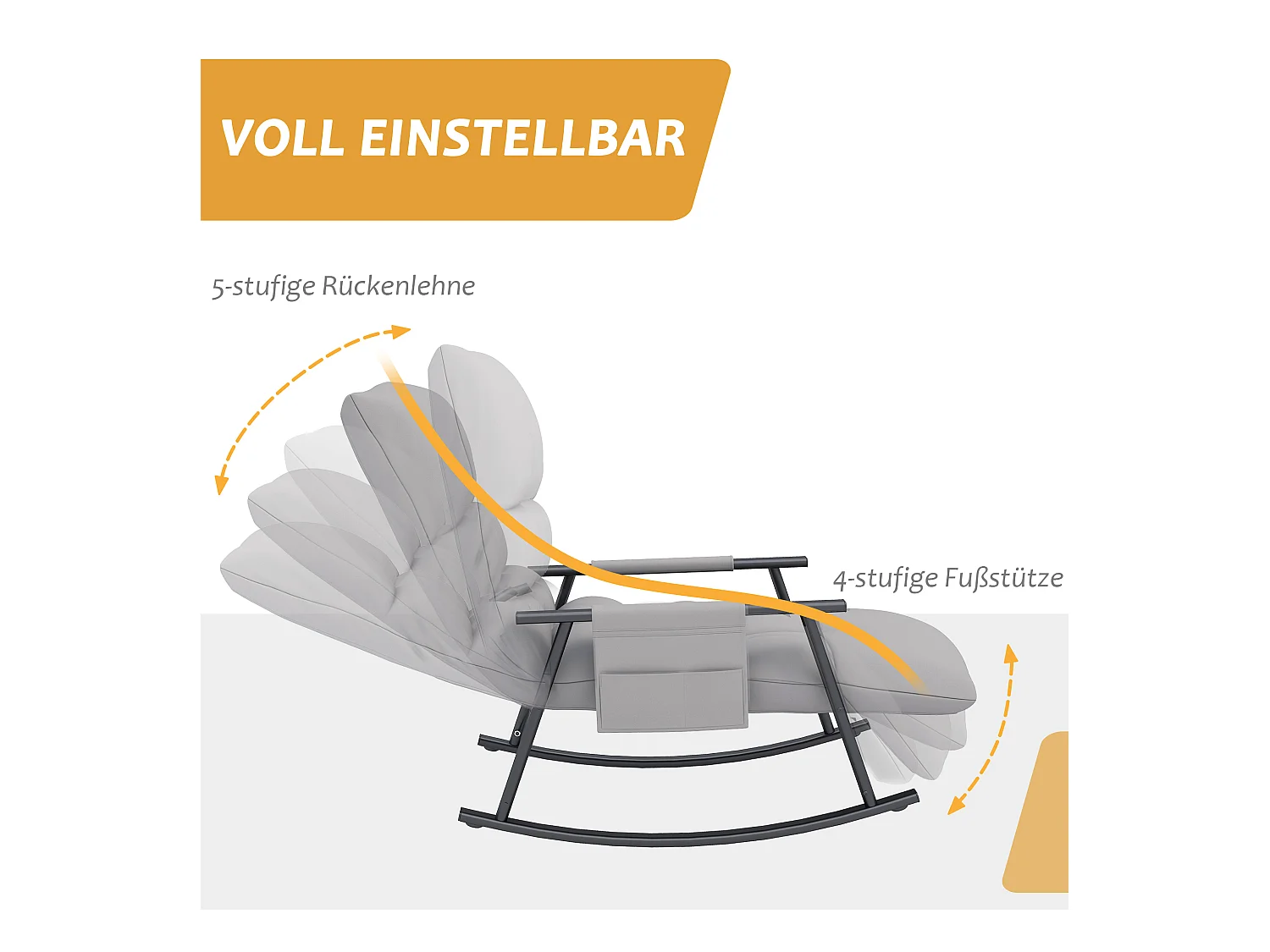 Fauteuil à bascule relaxant avec repose-pieds réglable, dossier inclinable jusqu'à 120kg, microfibre grise, avec poche latérale (134x60x70cm)