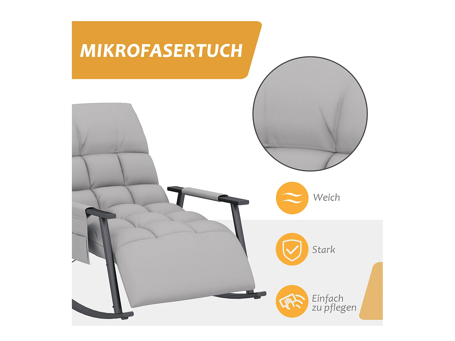 Fauteuil à bascule relaxant avec repose-pieds réglable, dossier inclinable jusqu'à 120kg, microfibre grise, avec poche latérale (134x60x70cm)