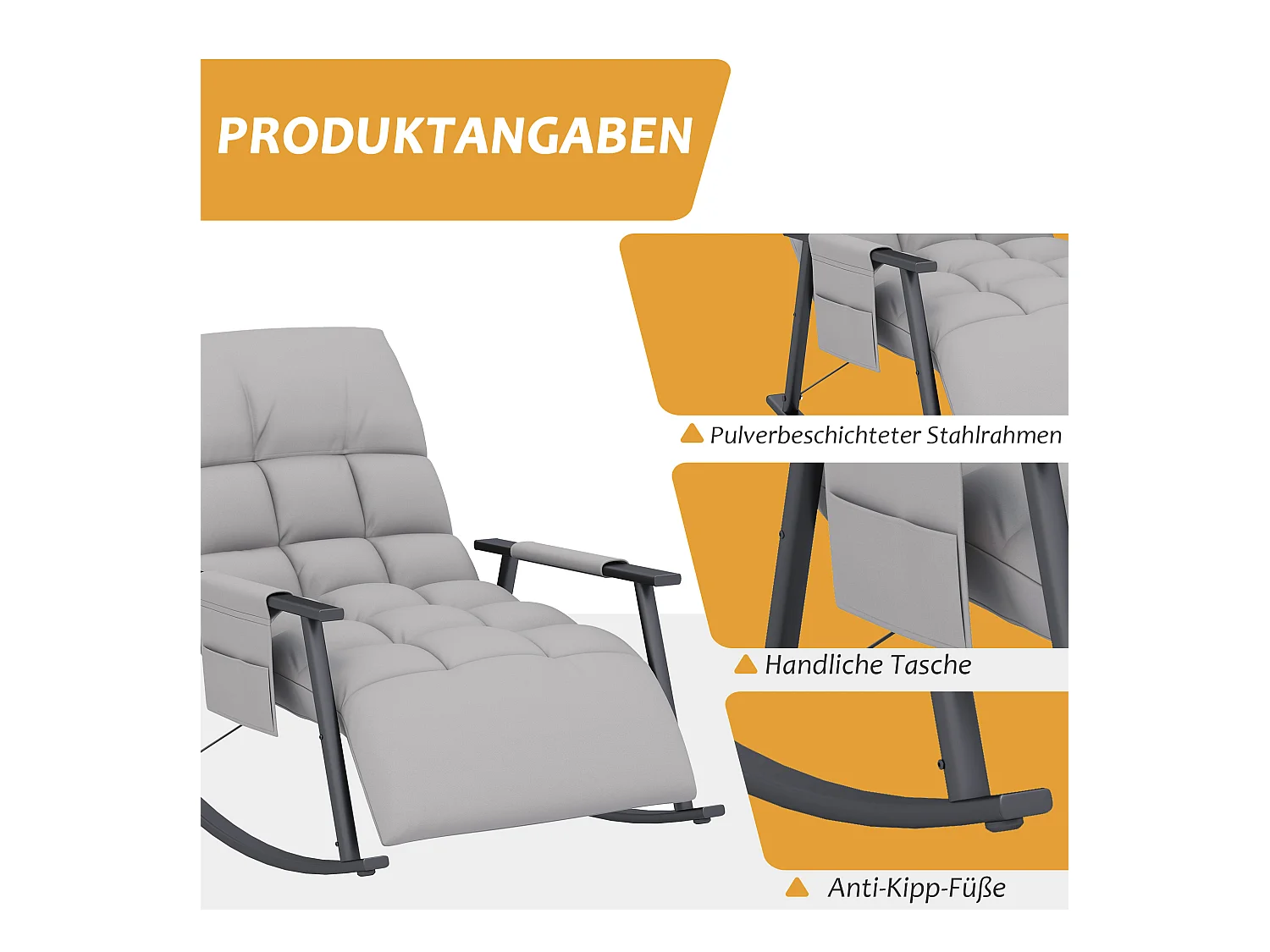 Fauteuil à bascule relaxant avec repose-pieds réglable, dossier inclinable jusqu'à 120kg, microfibre grise, avec poche latérale (134x60x70cm)