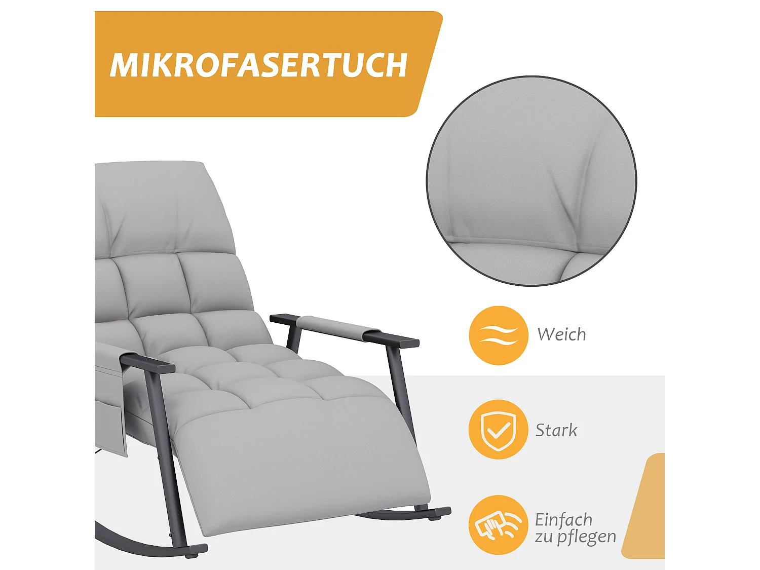 Mecedora relajante con reposapiés regulable, respaldo reclinable hasta 120 kg, microfibra gris, con bolsillo lateral (134x60x70cm)