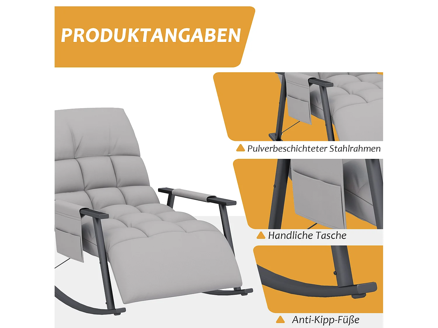 Mecedora relajante con reposapiés regulable, respaldo reclinable hasta 120 kg, microfibra gris, con bolsillo lateral (134x60x70cm)