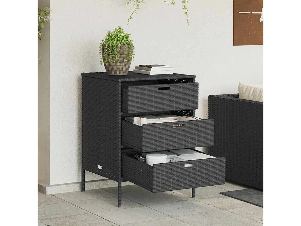 Mueble de jardín negro de resina trenzada, 55x59x80 cm