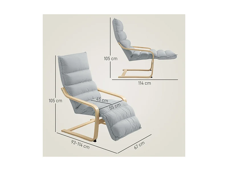 Fauteuil relax à repose-pieds réglable, design ergonomique, velours, gris clair (67x93-114x105 cm)