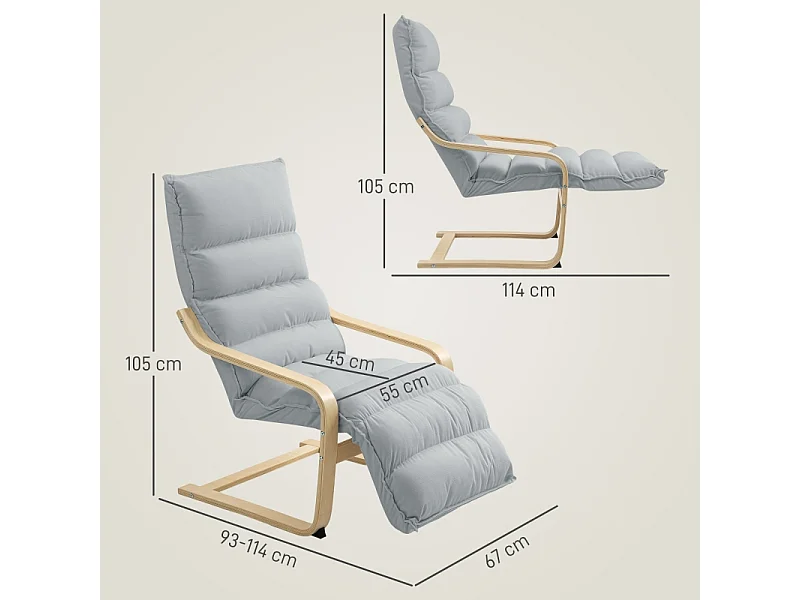 Fauteuil relax à repose-pieds réglable, design ergonomique, velours, gris clair (67x93-114x105 cm)
