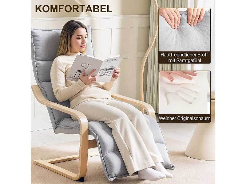 Fauteuil relax à repose-pieds réglable, design ergonomique, velours, gris clair (67x93-114x105 cm)