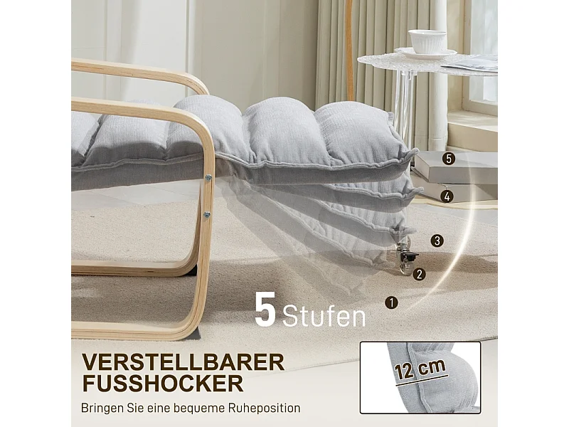 Fauteuil relax à repose-pieds réglable, design ergonomique, velours, gris clair (67x93-114x105 cm)