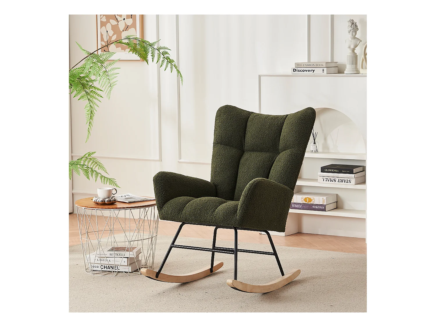 Moderne schommelstoel met hoge rugleuning en armleuningen, schuimvulling, groen (95x53,5x91cm)