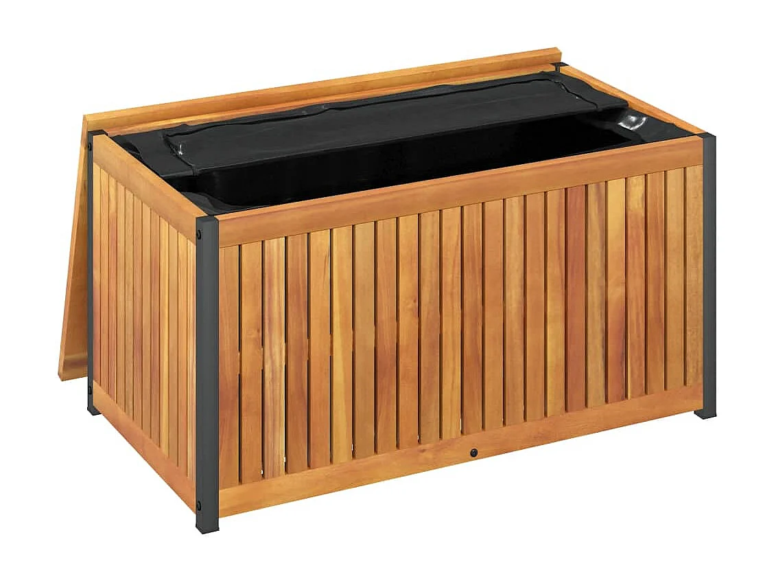 Caja de cojines para exterior fabricada en madera maciza de acacia y acero.