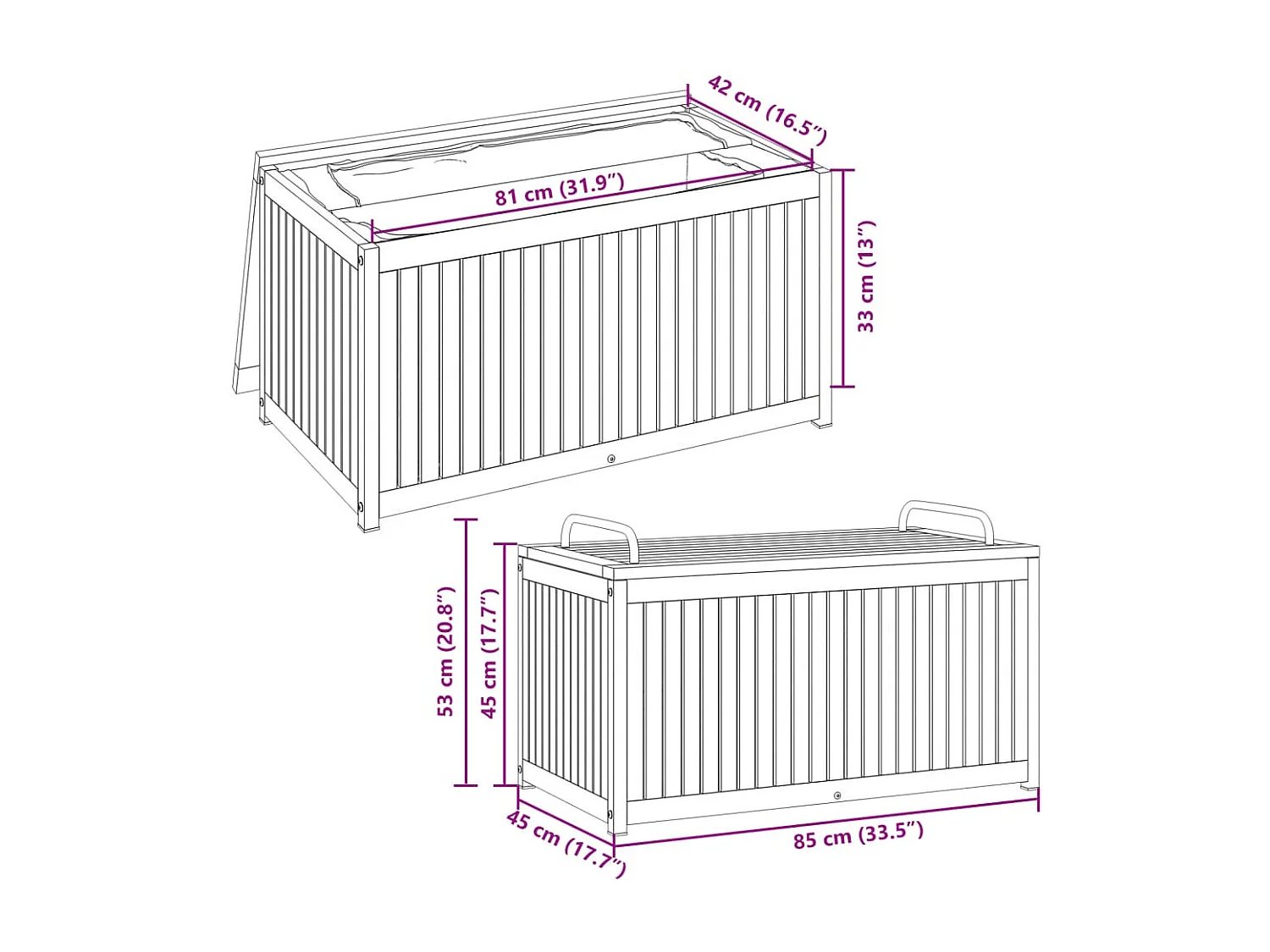 Caja de cojines para exterior fabricada en madera maciza de acacia y acero.
