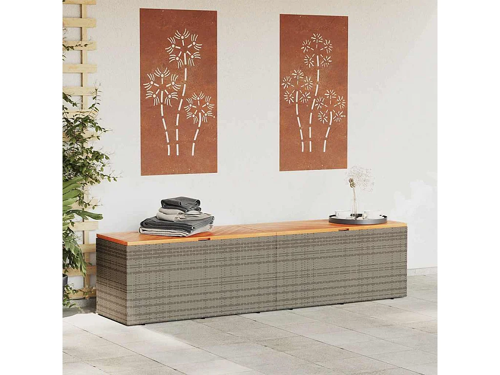 Caja de almacenamiento de jardín gris hecha de resina trenzada y madera de acacia